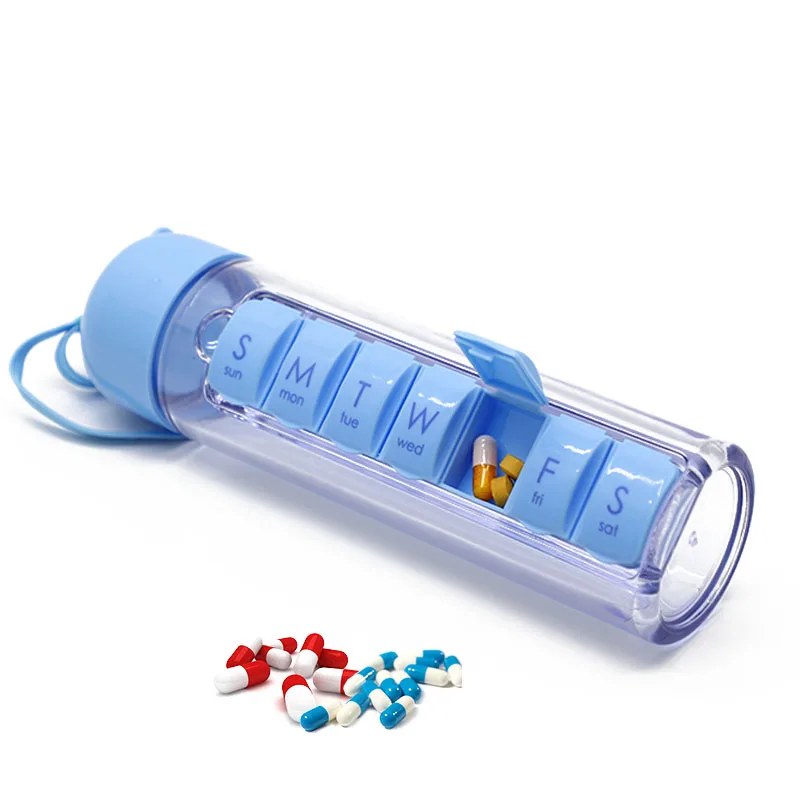 350ML Capsule Shape 7 Days Pill Organizer Case Portable Water Bottle Detachable magnetic attraction Drinking Bottle with Time