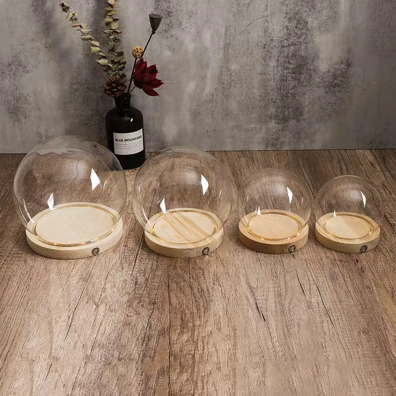 Wholesale Decorative Oval Small Clear Empty Led Lights Cloche Display Glass Dome Glass Cloche Dome With Wood Base And Led Lights