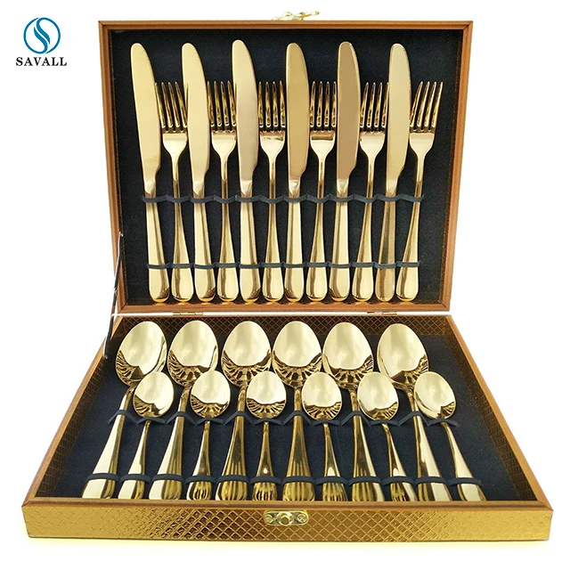 Savall HoReCa 24 Pcs  Polishing Stainless Steel Flatware Set  Cutlery Set With Wooden Case minimalism  vintage