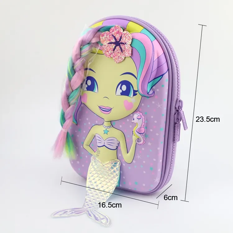 Printing sublimation kids pencil pouch case 3D eva hardtop pencil box with cartoon mermaid girl