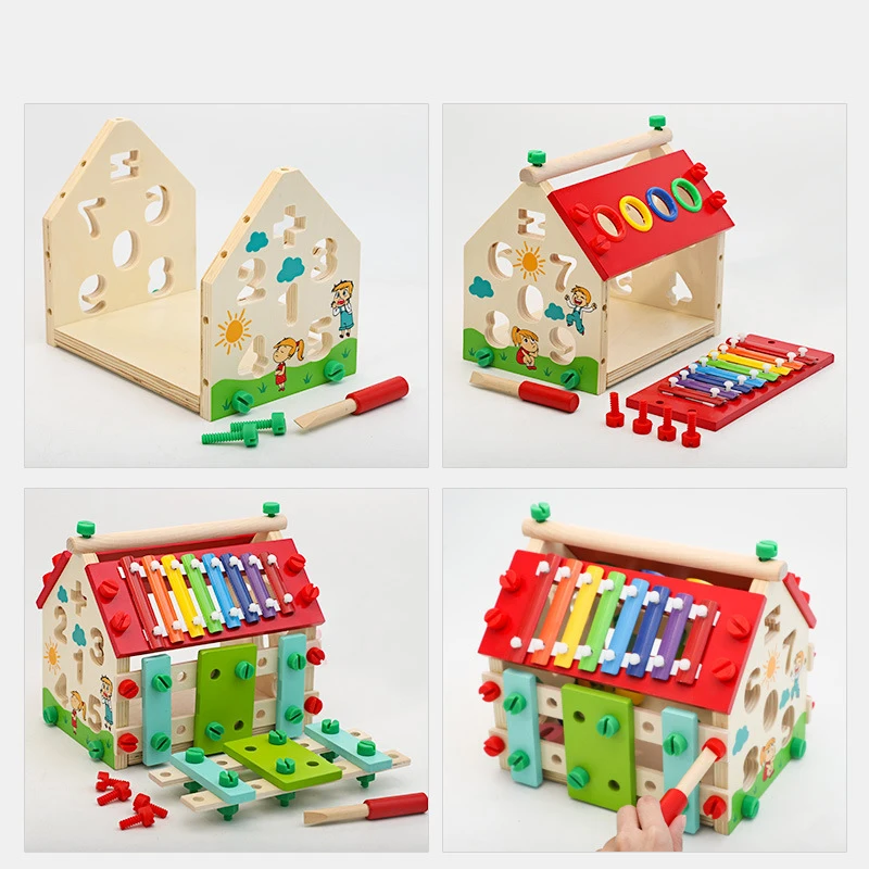 Hot Selling Multifunctional Smart House Wooden Ball Knocking Xylophone Screw matching house Montessori Early Educational Toys