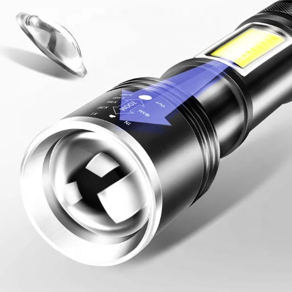 
High Quality USB Rechargeable LED Torch LED Zoomable Aluminium flashlight with LED + COB 2 Source 