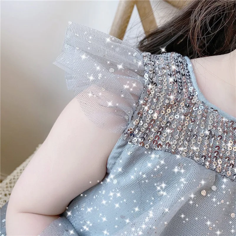 Spot Goods Summer Baby Dress Lace Party Tulle Ruffle Sleeve Star Sequin Cake Dress
