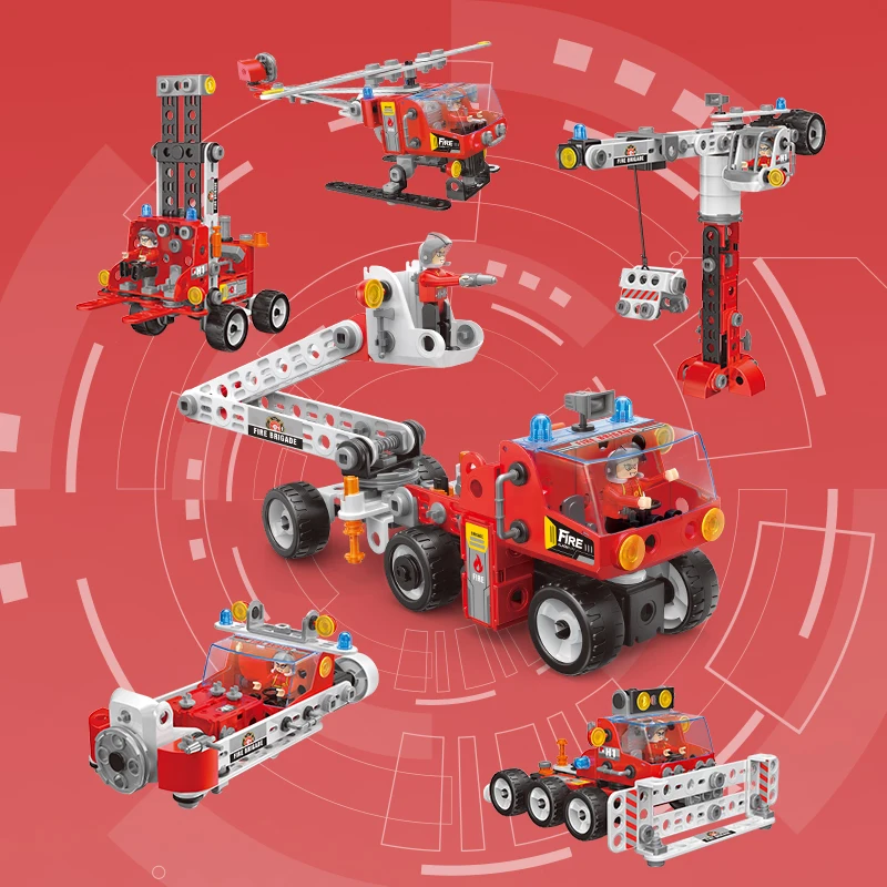 STEM Screw Nut Assembling Fire Fighting Vehicle Helicopter Toys 187PCS Fire Rescue Truck Building Block Set for Kids