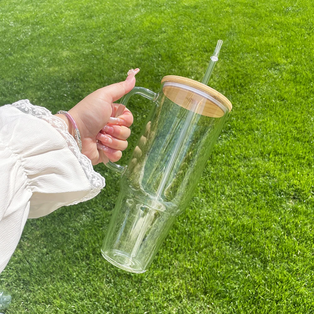 BPA Free 32oz 40oz high borosilicate blank Water Bottles 40 oz Sublimation clear frosted Glass Tumbler mug with Handle and straw