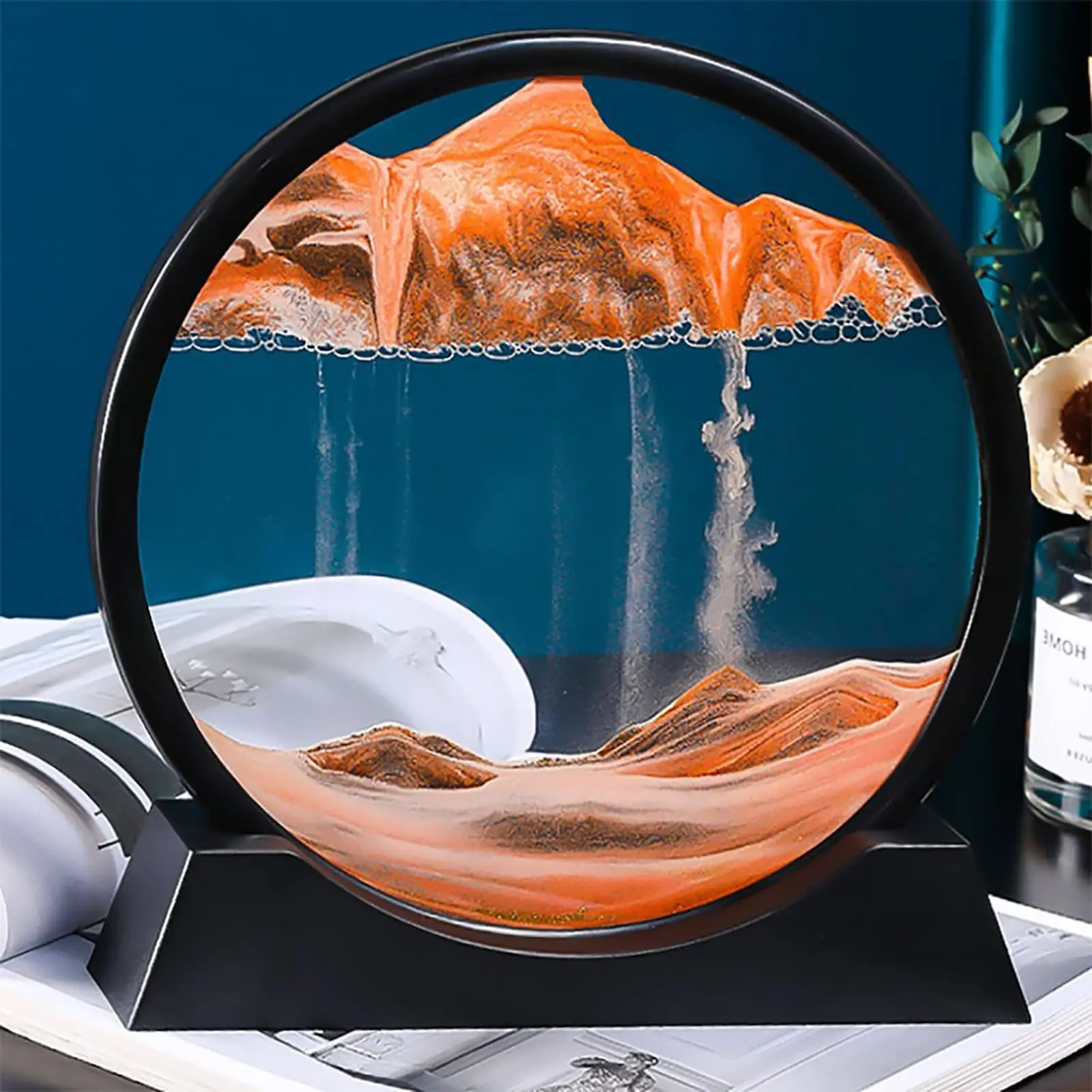 7 Inch Moving Sand Art Picture Round Glass 3D Sand Art Liquid Motion Display Stand Large Desktop Art Toyshome Office Work Decor