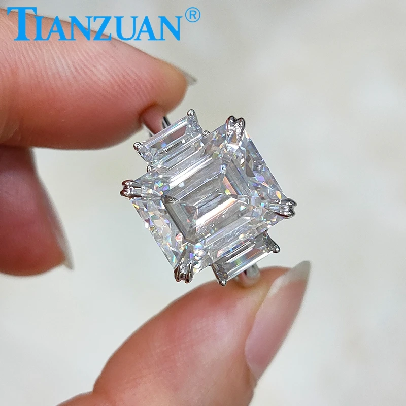 8CT 10*12mm Emerald Cut with small emerald white Moissanite Three Stones Ring Silver 925 Diamonds Wedding Engagement Ring Women