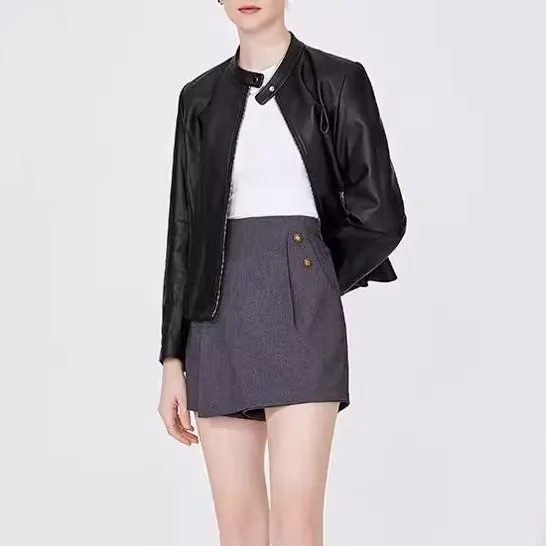 Popular Minimalist Style Spring Jackets for Women 2024 Zipper Genuine Lamb Leather Motorcycle Biker Jacket