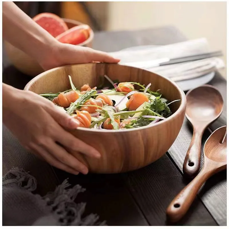 2023 Hot Selling home decor Wooden Bowls,with Utensils Wooden Forks and Spoons Mix size Stackable Dish for Fruit Salad Vegetable