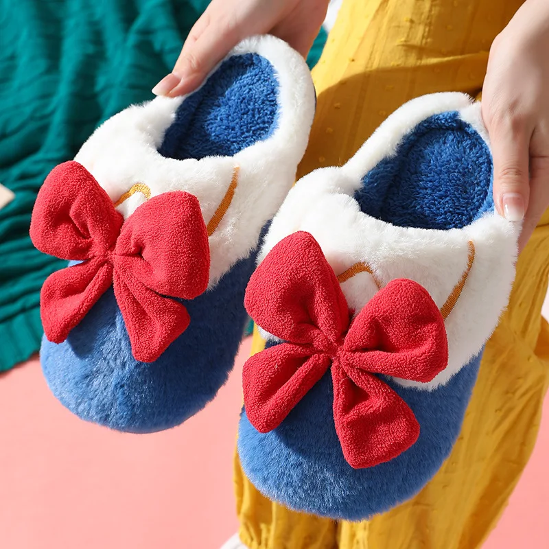 Warm Winter  women Home Slippers Indoor Funny Plush ladies Slides Casual Cute  Soft cartoon girl Floor bowknot cotton slippers
