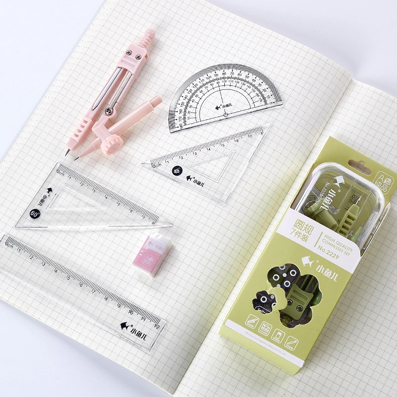 
7 Pieces Cute Compass Ruler Set Drawing Compass Student Drafting School&Office Stationary 
