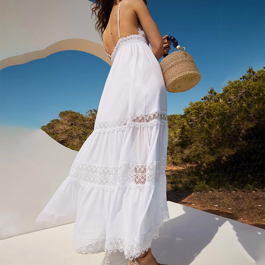 Custom Boho Beach Holiday Women Summer Sleeveless Lace Up Embroidery A Line Maxi Dress