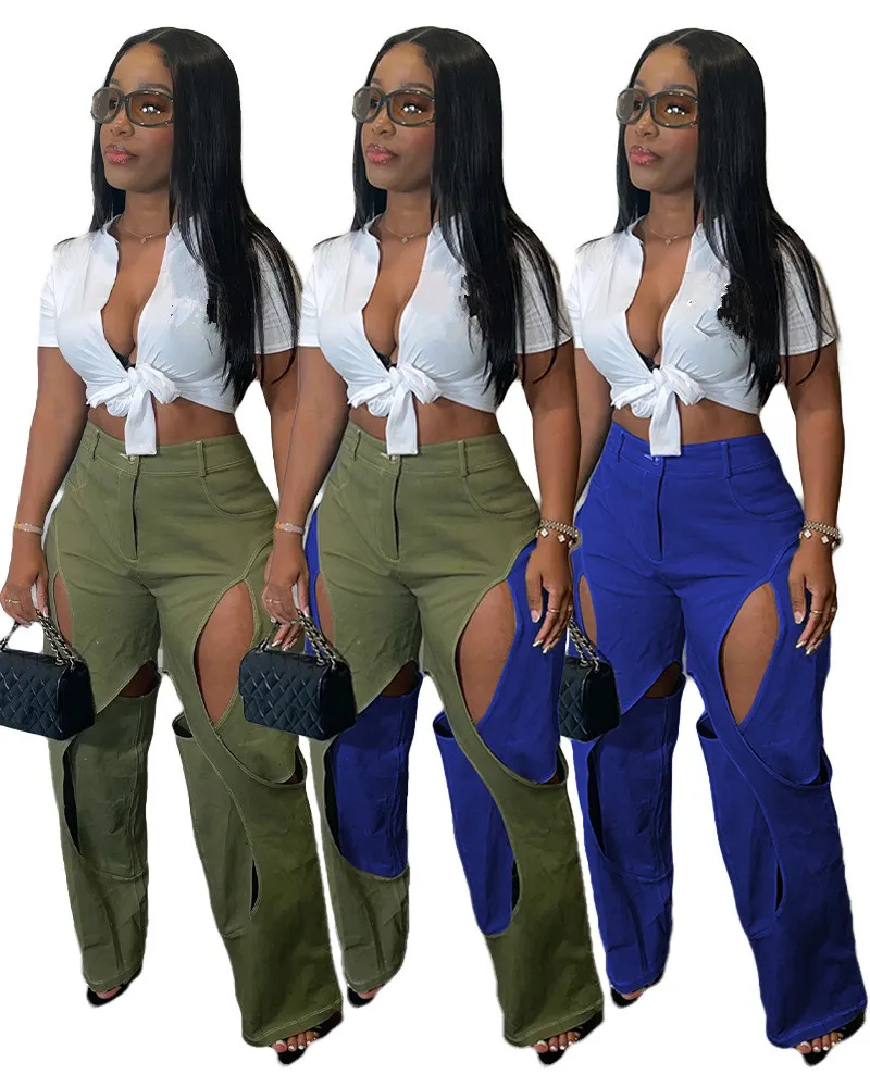 Women Fashion Cargo Pants Long Wide Leg Pants Solid Hollow-out Design High Waist Loose Casual Pants For Ladies