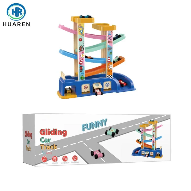 Hot Sell Gliding Toddler Wood Race Track Car Ramp Toys with Mini Sliding Car and Garage