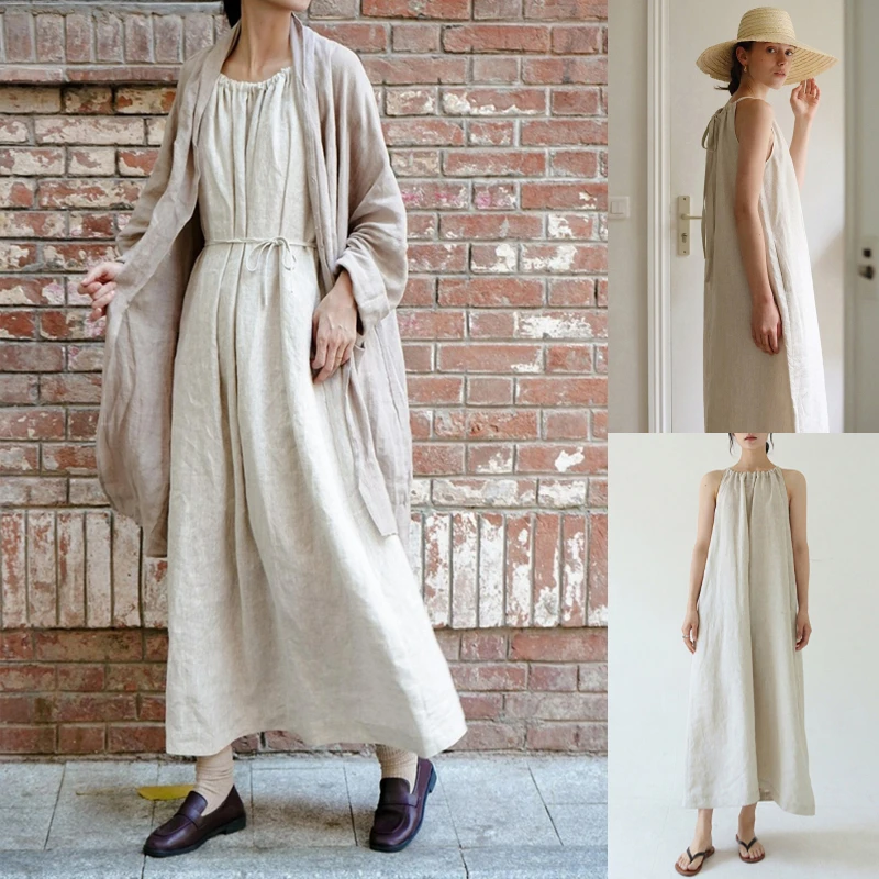 Wholesale stock 2022 new arrival elegant casual korean Japanese style organic plus size cotton linen womens long dresses