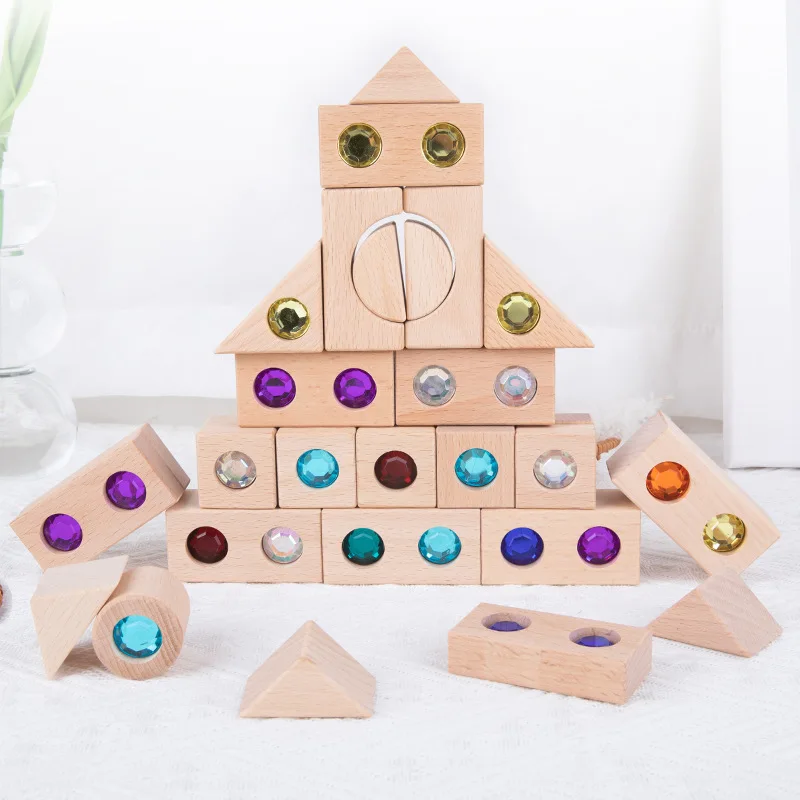 Wooden Acrylic Gemstone Building Blocks Dazzling Rainbow Crystal Children Construction Patchwork Pile Educations Toys For Kids