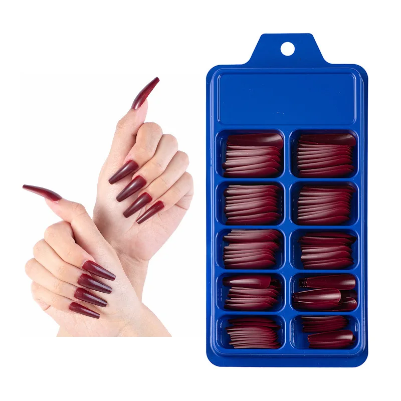 Wholesale 100pcs/box Wine Red Long Style Bride False Nails Pure Color Luxury Press On Nails