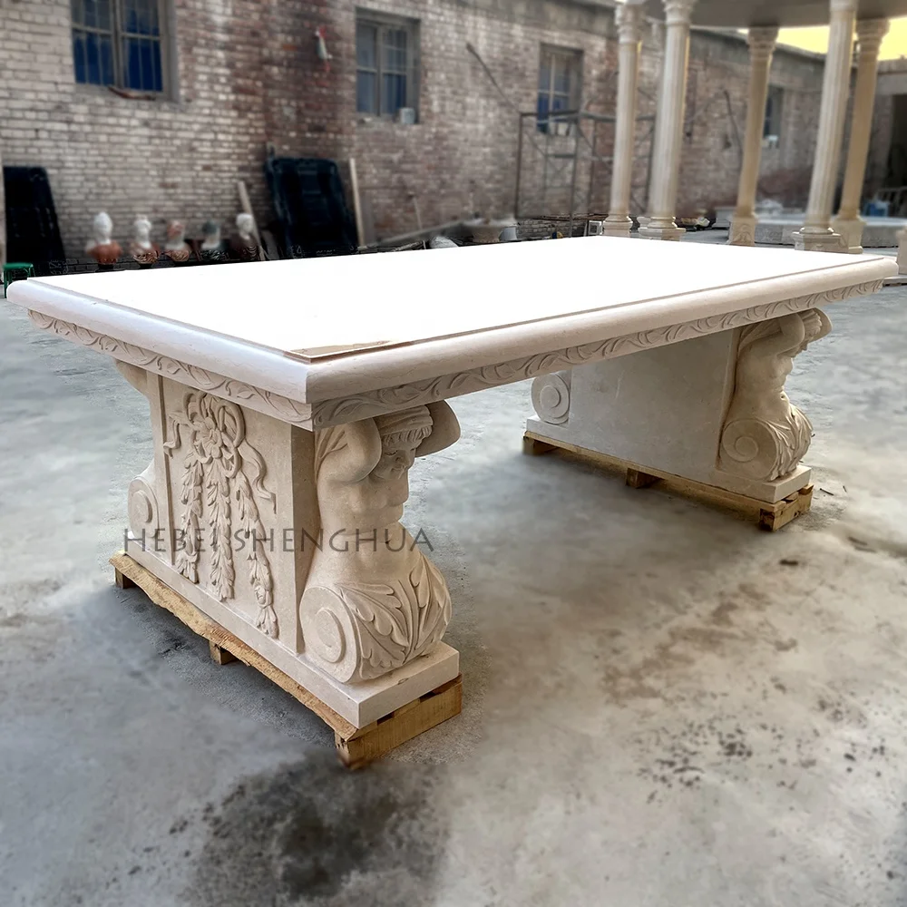 Custom Luxury Outdoor Garden Large Size Marble Dining Table With Stone Statue