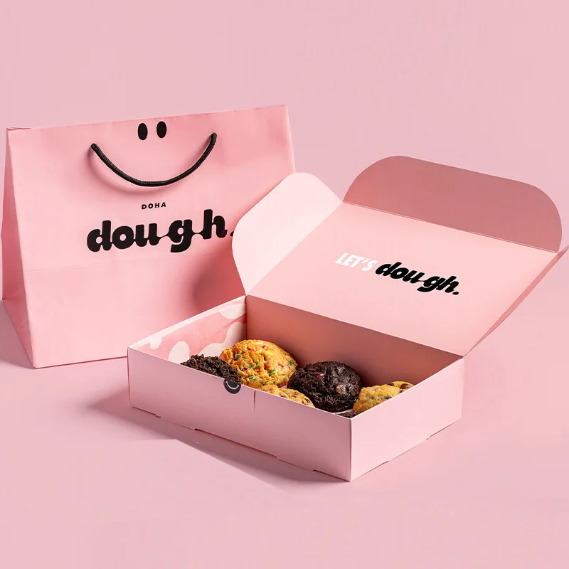 Wholesale Custom Logo Bakery Packaging Food Grade Pink Paper Mochi Donut Packaging Cookie Dough Delivery Cookie Boxes With Bags