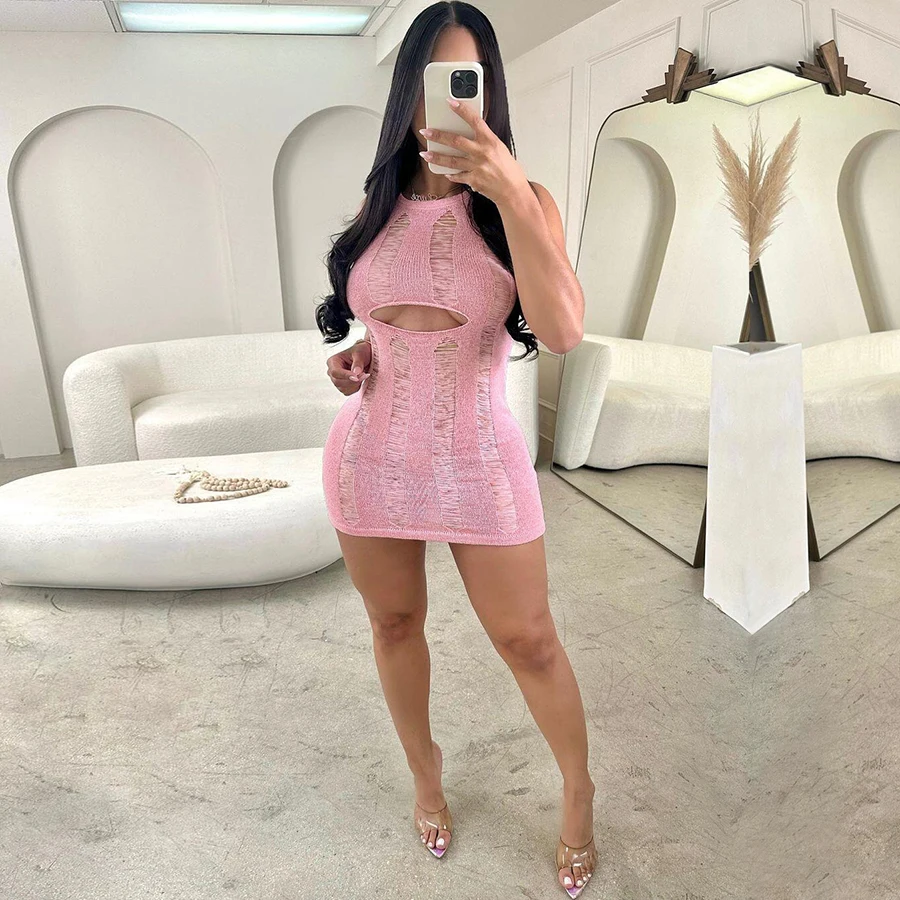 Kliou W23D30316 Sexy Sleeveless O Neck Body-shaping Bodycon Ladies Skinny Dress Hollow Out Stripes Knitted Mini Dress Women