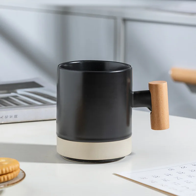 Japanese Style 12oz Cappuccino Coffee china Ceramic mug Cup with wood handle
