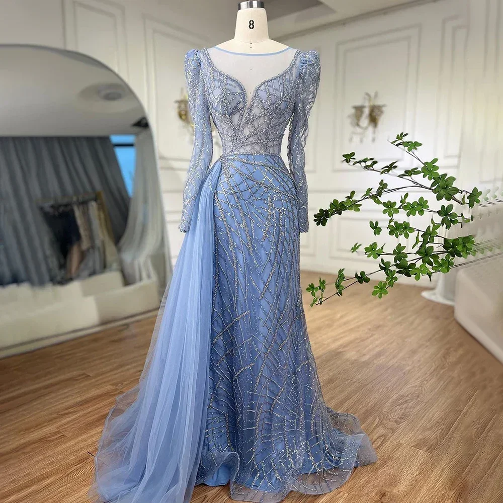 Serene Hill Muslim Gold Mermaid Beaded  Dubai Evening Dresses Gowns With Overskirt 2024 For  Party LA72206 Customized