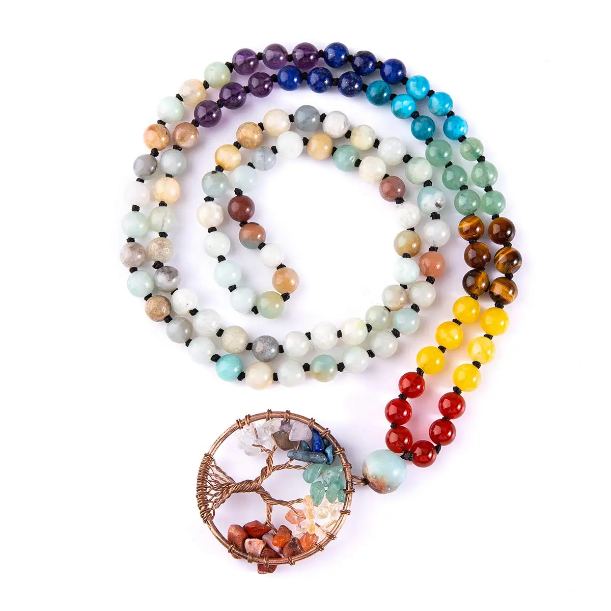 108 Mala Beads Necklace 7 Chakra Tree of Life Real Healing Gemstone Yoga Meditation Hand Knotted Mala Prayer Bead Necklace