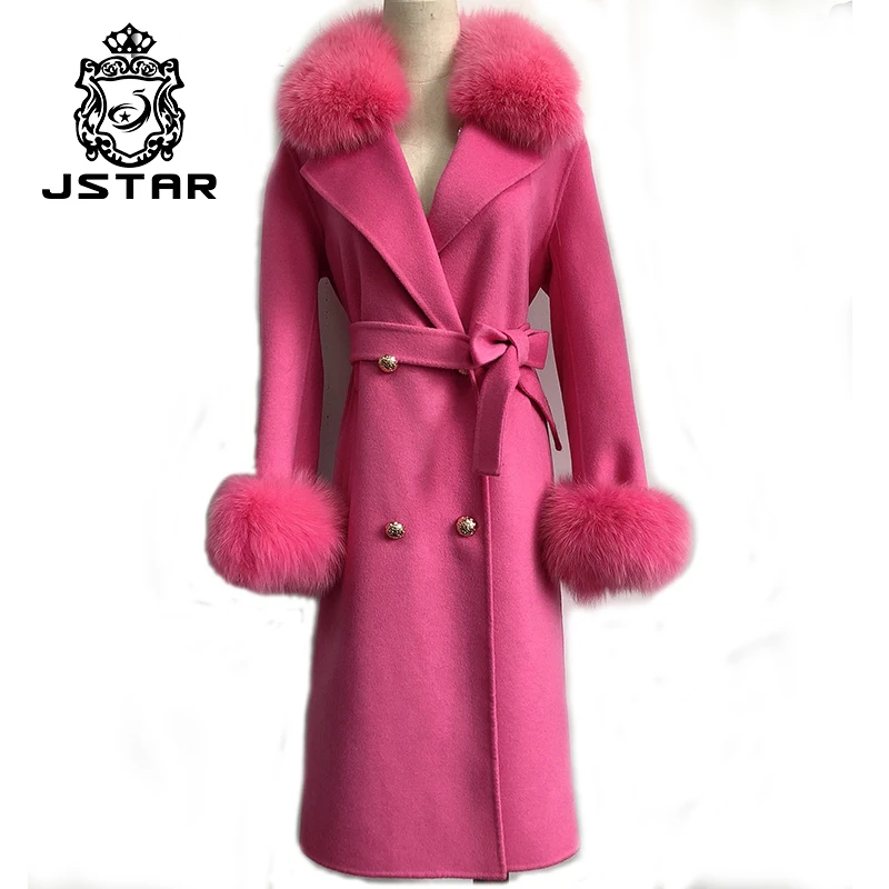 Real Fox Fur Collar Long Fur Cashmere Coat Oversized Trench Coat Belted Cashmere Sheepskin Shearling Fox Fur Coat