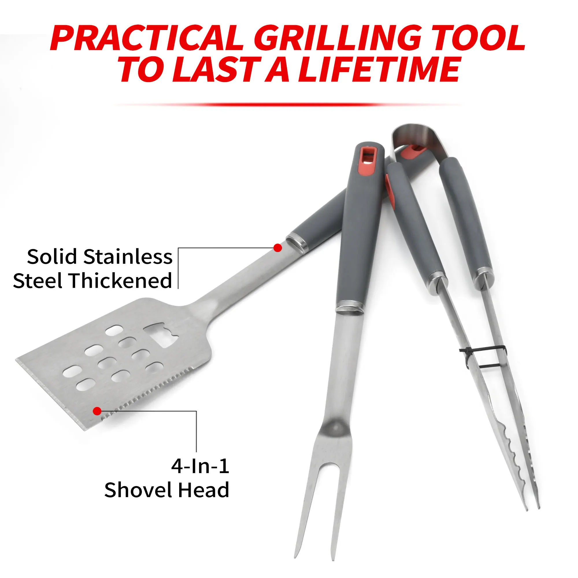 3pc Grill Accessories Stainless Steel Grill Tools BBQ Tool Set with Spatula Fork BBQ Tongs