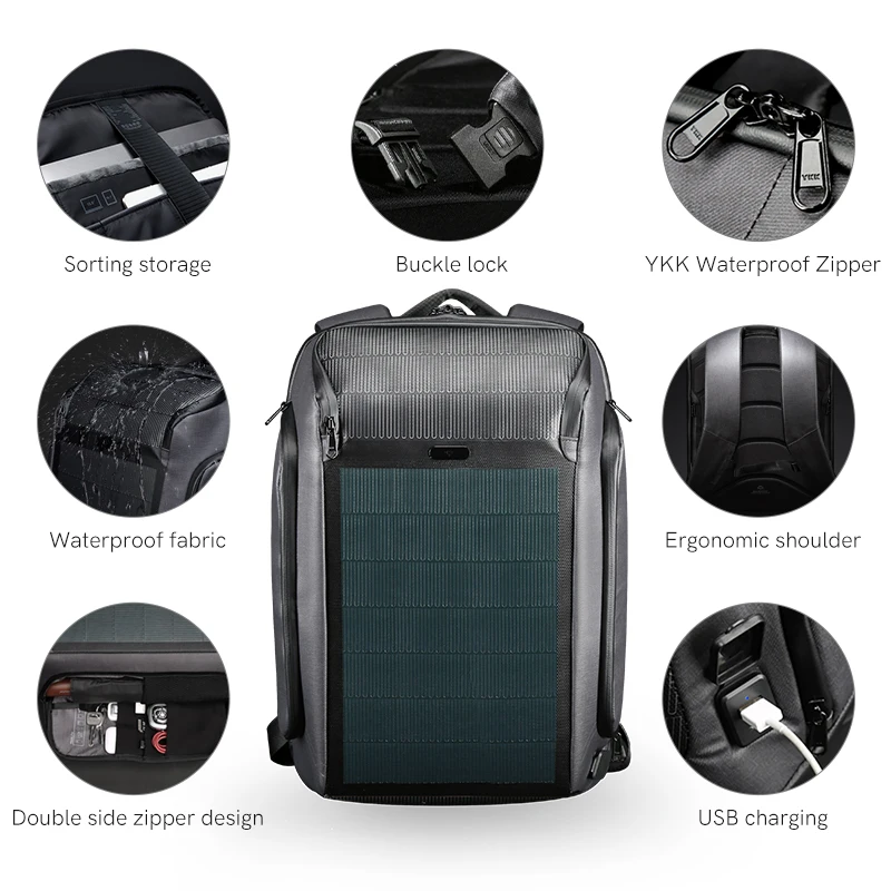 Factory Direct sales solar power generation backpack 9W antitheft Backpack Outdoor mobile phone solar charging board