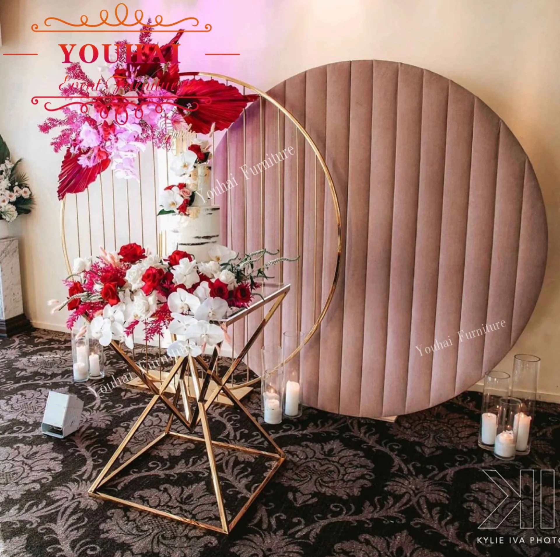 Customized gold plating metal arch backdrop decoration wedding flower arch for sale