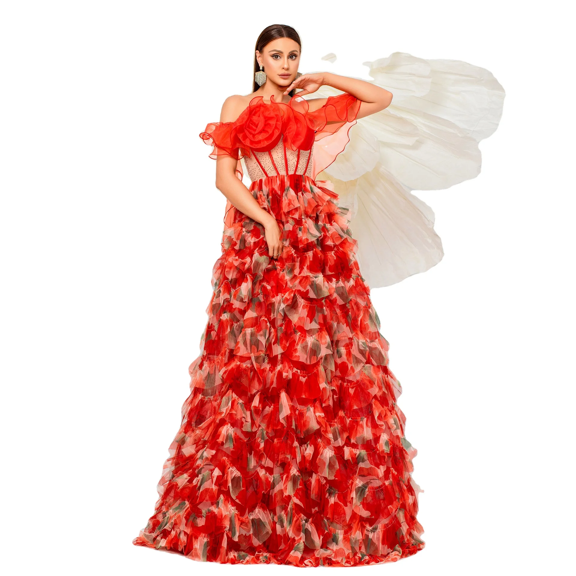 Red Organza A-Line Evening Dresses Women Long Elegant Luxury Ball Gowns Corset Backless Shoulder Ruffles Party Prom Dresses