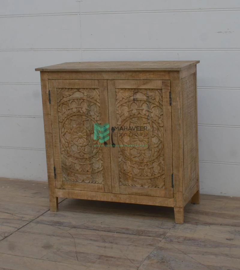 High Quality Two Door Floral Carved Sideboard Natural Rustic finish