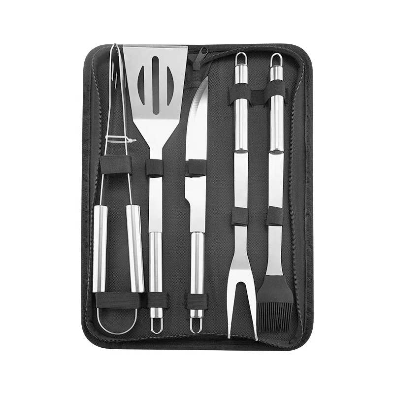5 pcs portable camping stainless steel picnic accessories outdoor barbecue utensils bbq grill tool sets with storage bag