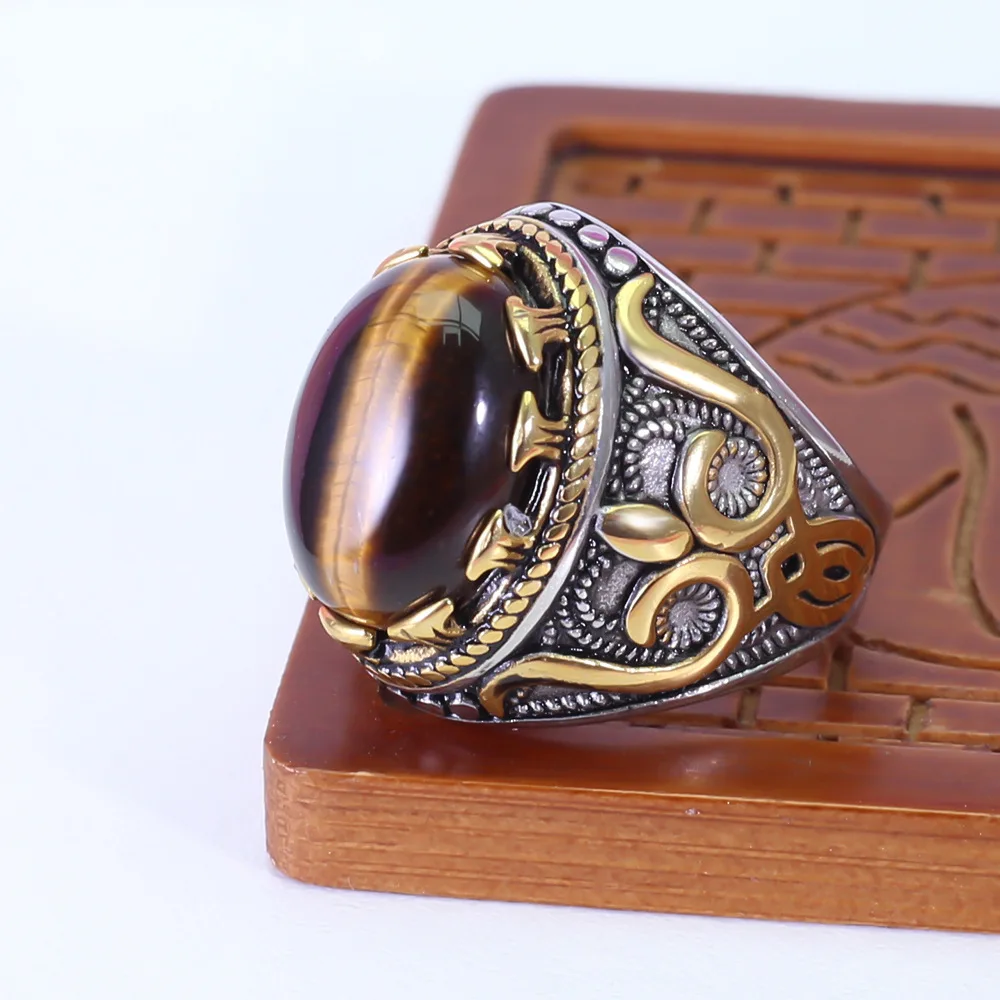 Wholesale Stainless Steel Tiger Eye Ring For Men Gold Plated Tiger Eye Stone Ring Turquoise Man Ring