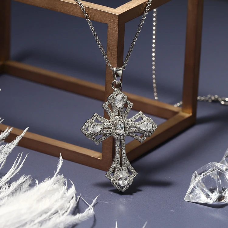 Wholesale White Gold Plated 925 Sterling Silver Cross Prong Pendant Cross CZ Pendant Prong Setting Necklace Cubic Zirconia