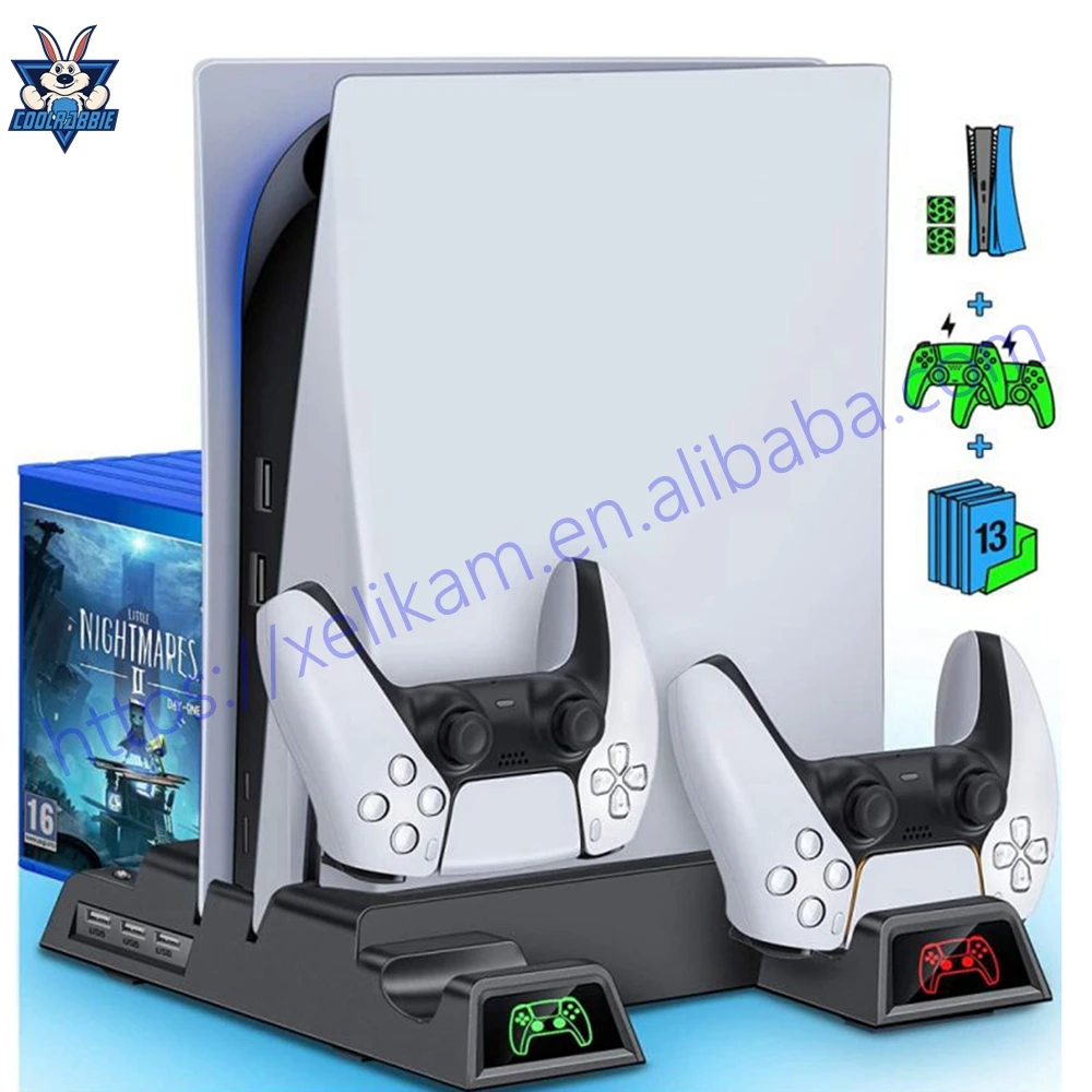 CoolRabbie Cooling Vertical Stand 2 Controller Charger 2 Cooler Fan 13 Game Storage Charging Dock For PS5 DE/UHD Console