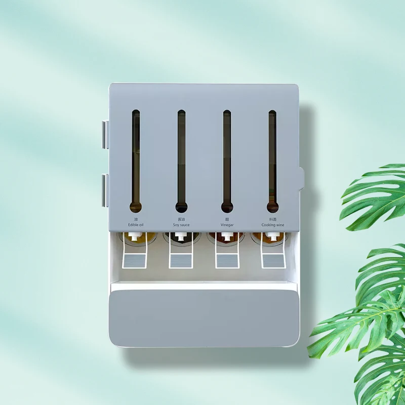 Multifunctional Plastic Kitchen Oil Liquid Seasoning Dispenser Wall Mounted Faucet Condiment Storage Box Spice Rack Organizer