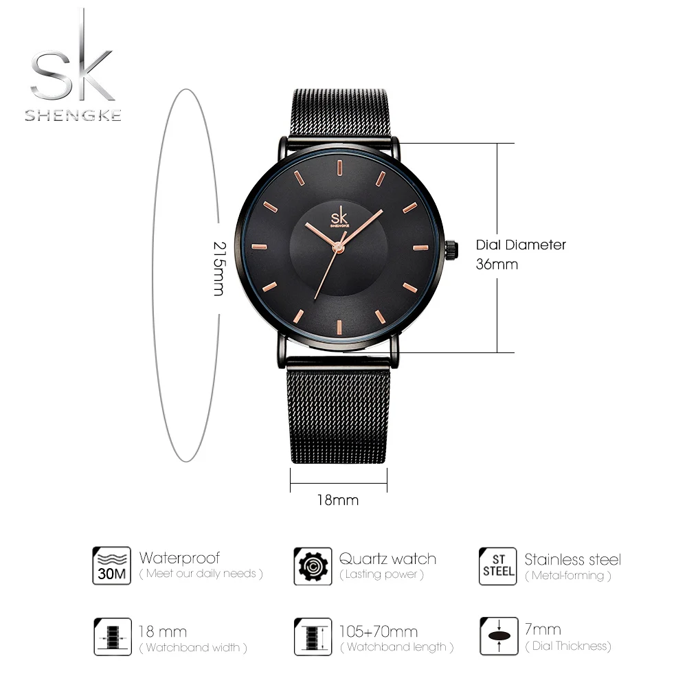Часы наручные SHENGKE K0059L женские кварцевые крутые черные с крышкой из