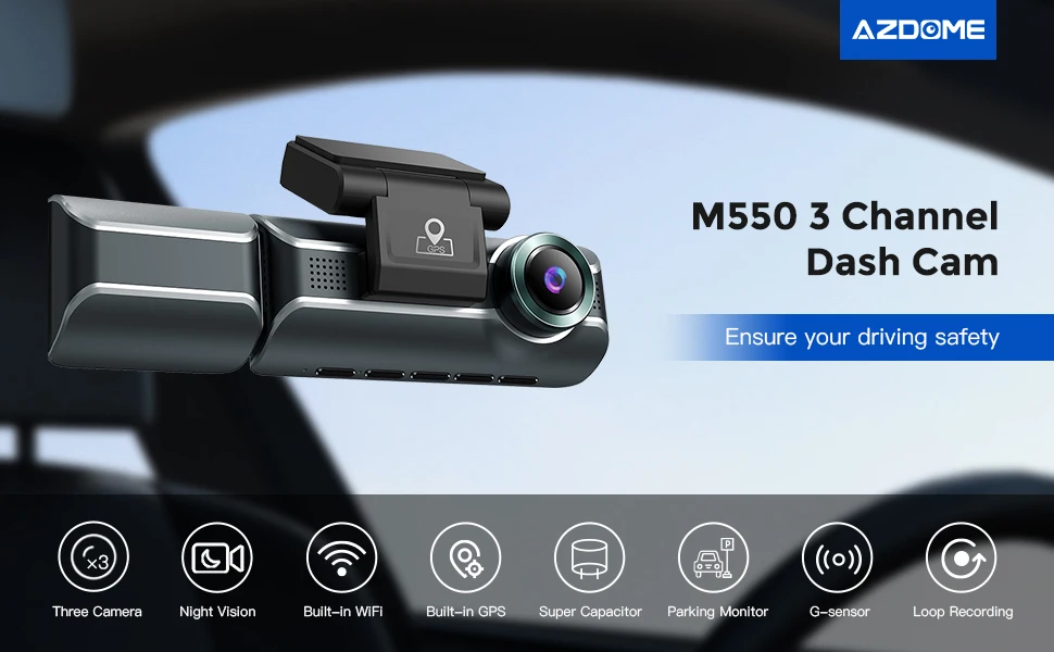 AZDOME M550 видеорегистратор 3 19 дюймов Встроенный GPS с ADAS трехканальный