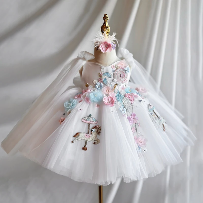 Wholesale Kids Clothing Stunning V-Back Luxury Pageant Tulle Ball Gown Sleeveless 3D Flowers Appliques Flower Girl Wedding Dress