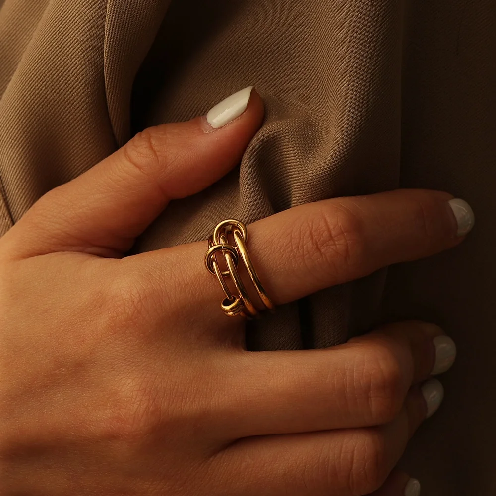 Stainless Steel Gold Plated Multiple Layers Strand Loop Gold Silver Indext Finger Rings Three-Finger Interlocking Style Rings