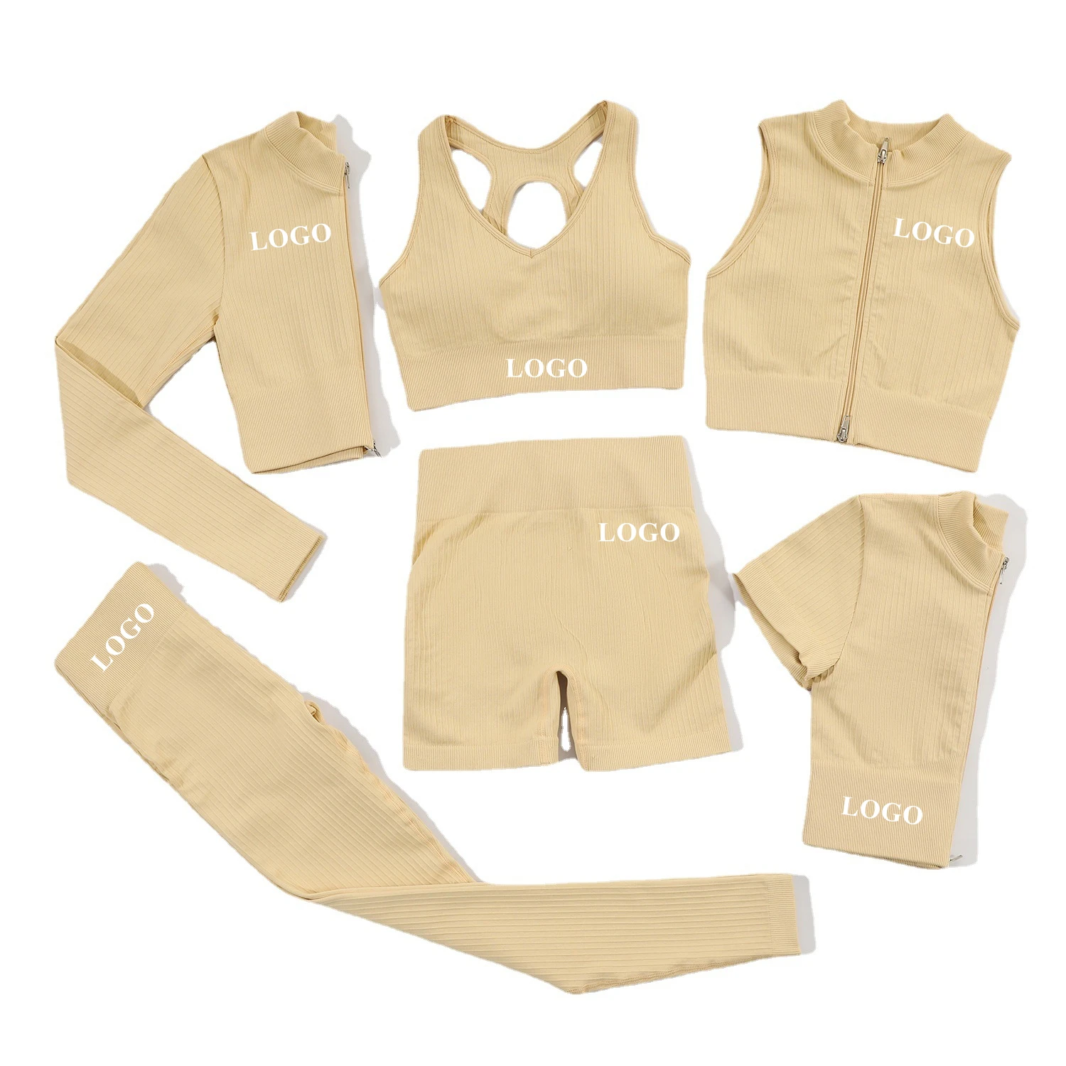 Ins Hot 6 Piece Ribbed Yoga Set Zipper Natural Color Seamless Fitness Apparel Gym Workout Clothing Womens Activewear Sets 2022