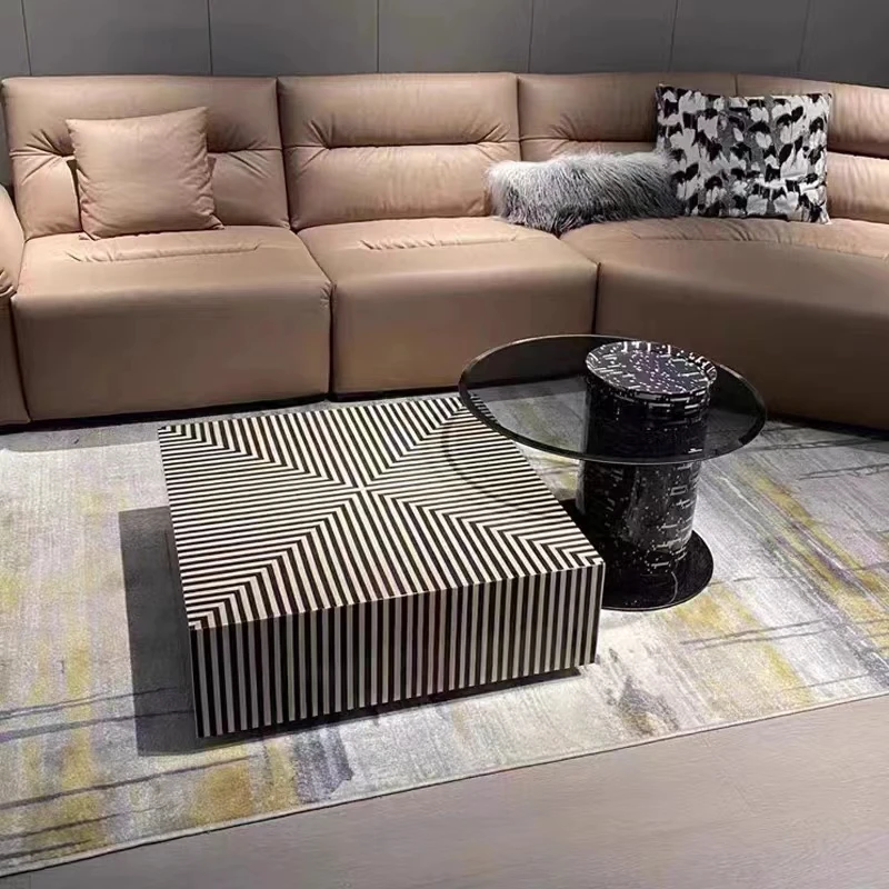 Modern  minimalist Antique Square Center Coffee Tables New arrive striped Wooden Glass living room furniture