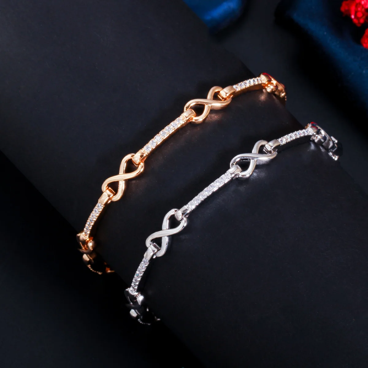 Trendy Shiny White Gold Plated Infinity Micro Cubic Zirconia Crystal Paved Women Bracelet Jewelry Gift for Ladies Bangle