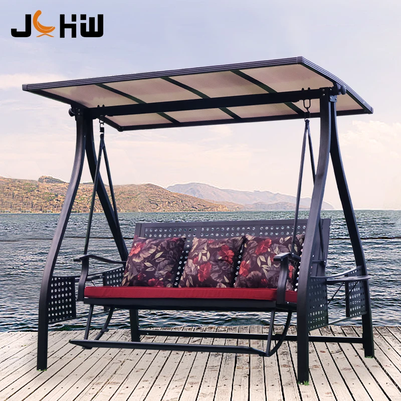 Hot Sale 3 Seats Garden Swing Set with Solar Energy Light Metal Balcony Canopy Patio Swing