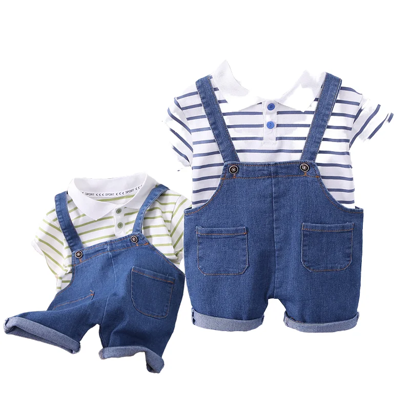 Модный комплект из двух предметов для мальчиков джинсовой ткани повседневные хлопковые полосатые шорты костюм в китайском стиле с короткими рукавами