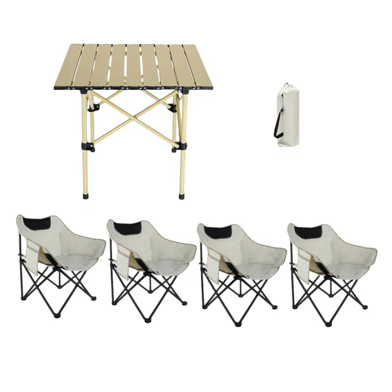 Polar Everest Outdoor Furniture Camping Folding Foldable Table with 4 Moon Chairs For Camping Beach Picnic Travel