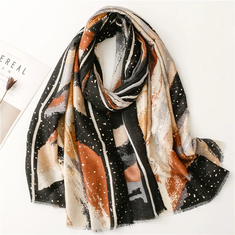 Fashion Newest Winter Soft Warm Satin Cotton Scarf Ladies Gold Silver Glitter Shimmer Printed Viscose Shawls Muslim Large Hijabs