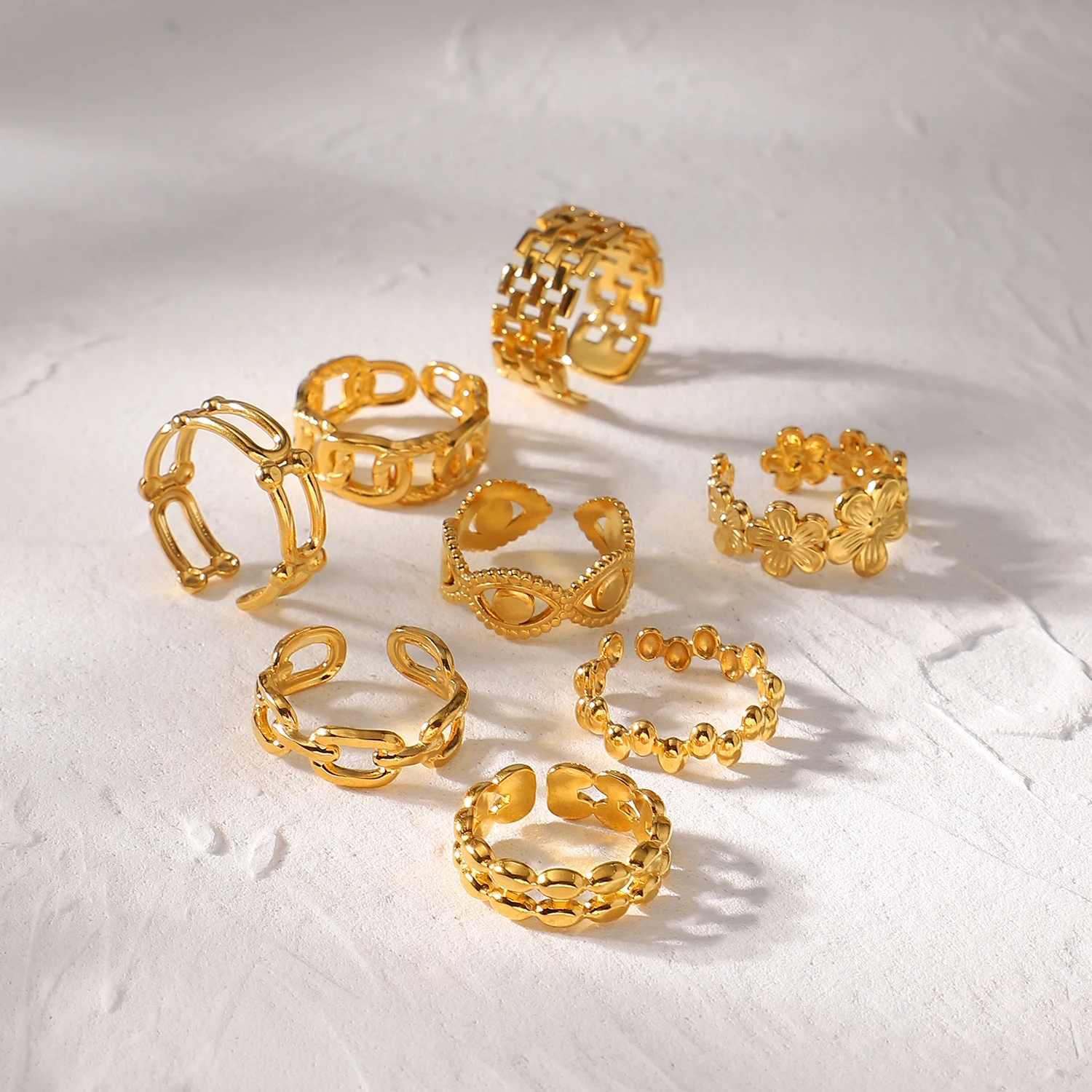 YICAI 18k Gold Link Chain Open Ring Geometric Twisted Wide Band Adjustable Cheap Stainless Steel Jewelry Ring Set For Women